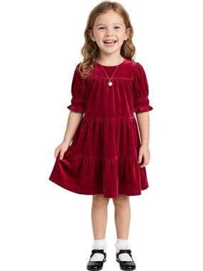 Baby GAP Kids Girls Red Velvet Shirred Sleeves Tiered Dress Size 5 Years Toddler